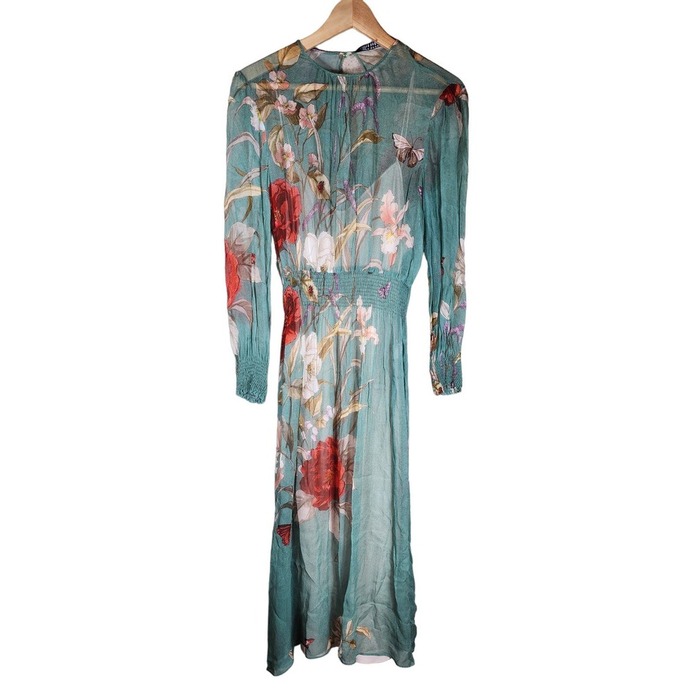 ZARA WOMAN Green Red White Long Sleeve Peasant Cottage Prairie Maxi Dress SZ M